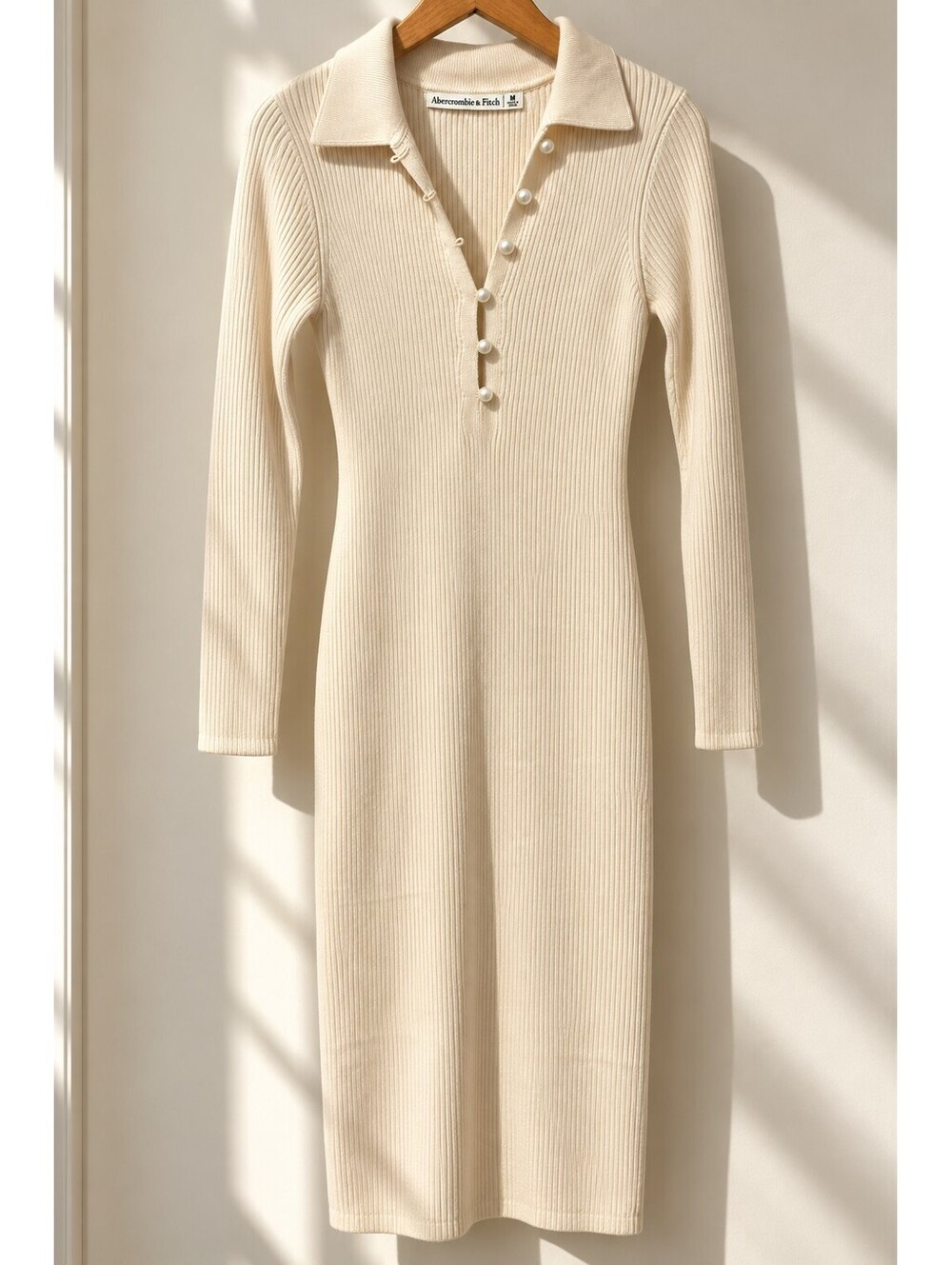 Abercrombie & Fitch Cream Long Sleeve Midi Dress with Pearl Buttons Size M